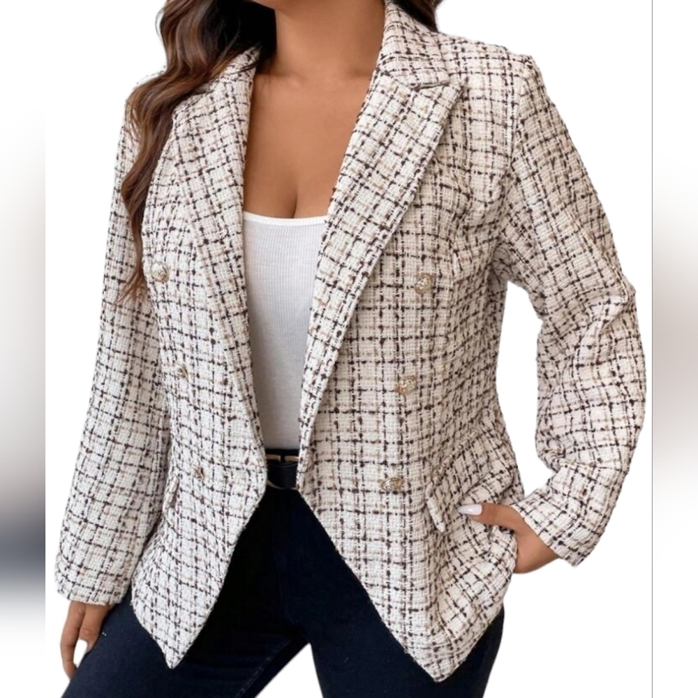 Shein Women's Cream and Brown Double Breasted Blazer Jacket Sz 4